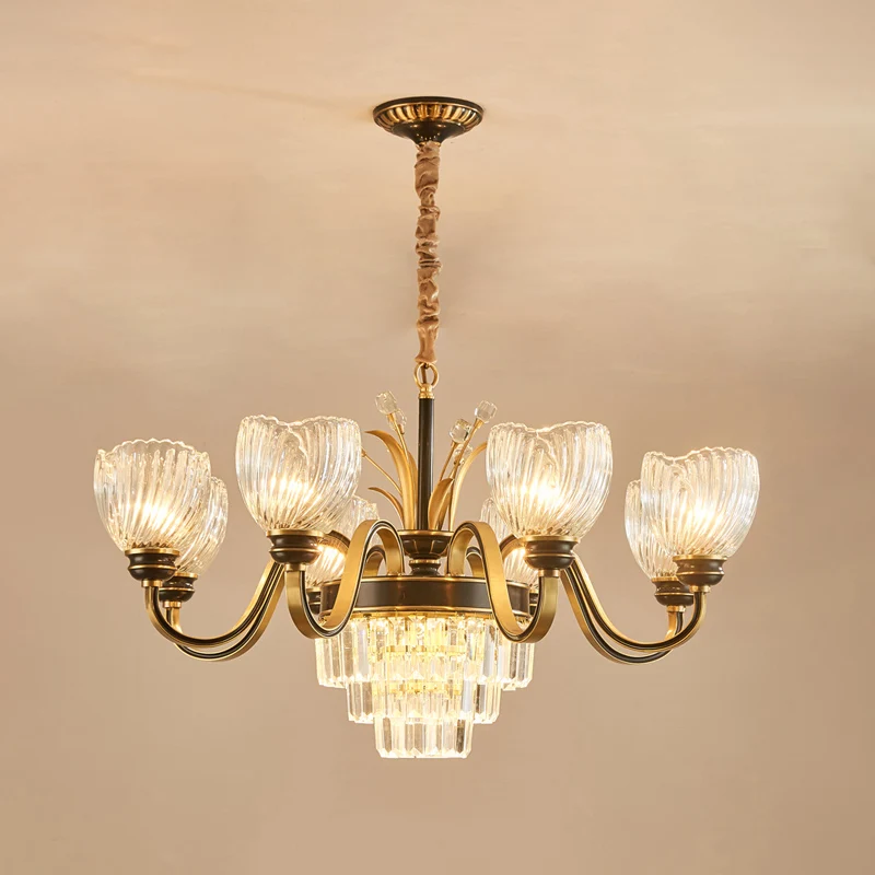 Woonkamerkroonluchter met ronde arm Klassiek helder prismatisch glas 8-lichts gouden hanglamp Clearhalo