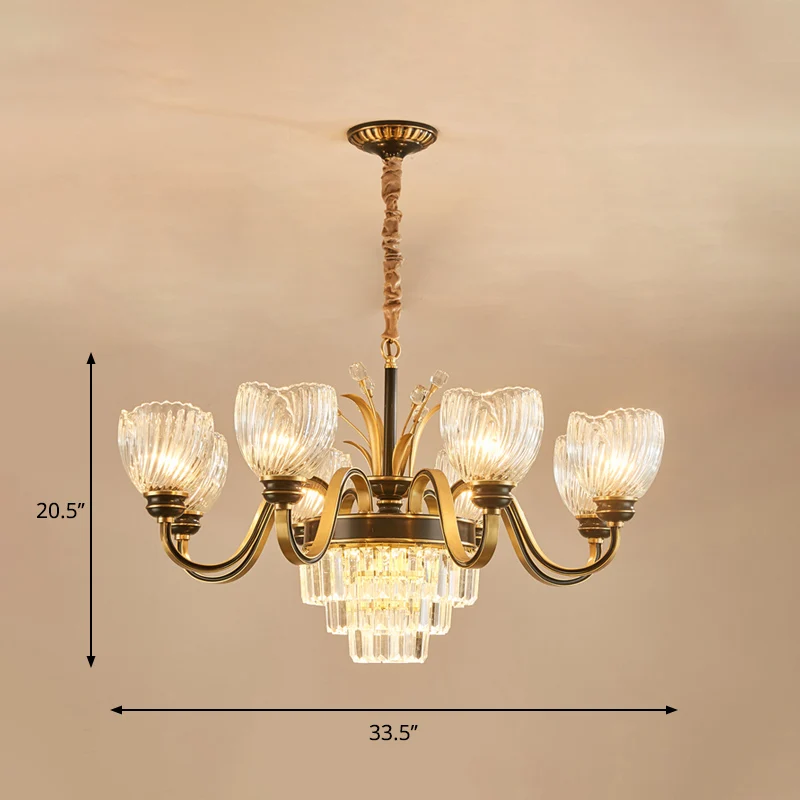 Woonkamerkroonluchter met ronde arm Klassiek helder prismatisch glas 8-lichts gouden hanglamp Clearhalo