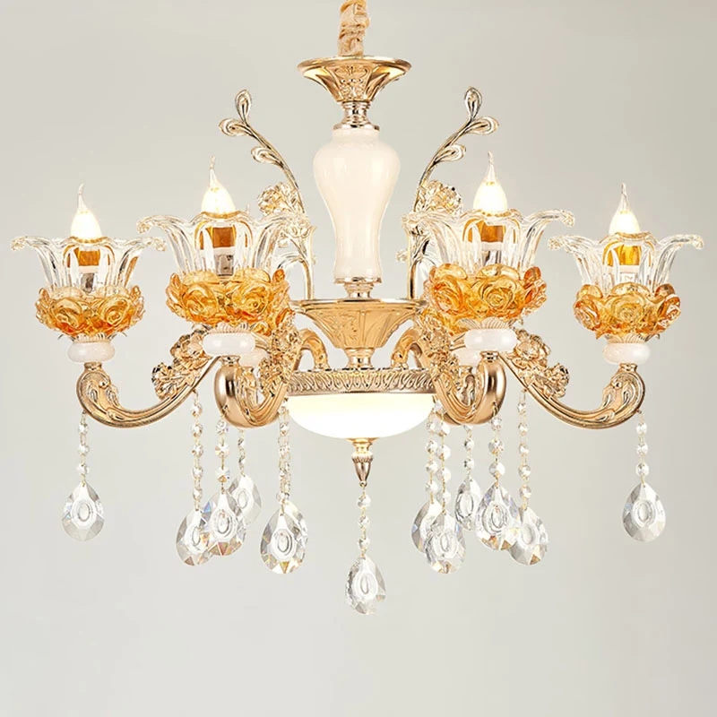 Woonkamerkroonluchterlamp Eenvoudige gouden ophanglamp met bloemenheldere glazen kap Clearhalo