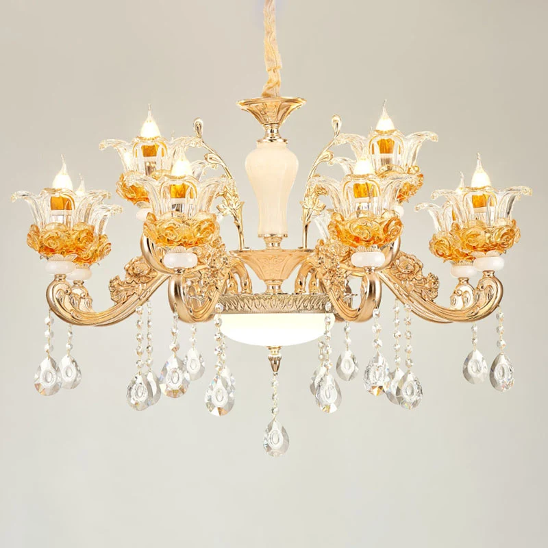 Woonkamerkroonluchterlamp Eenvoudige gouden ophanglamp met bloemenheldere glazen kap Clearhalo