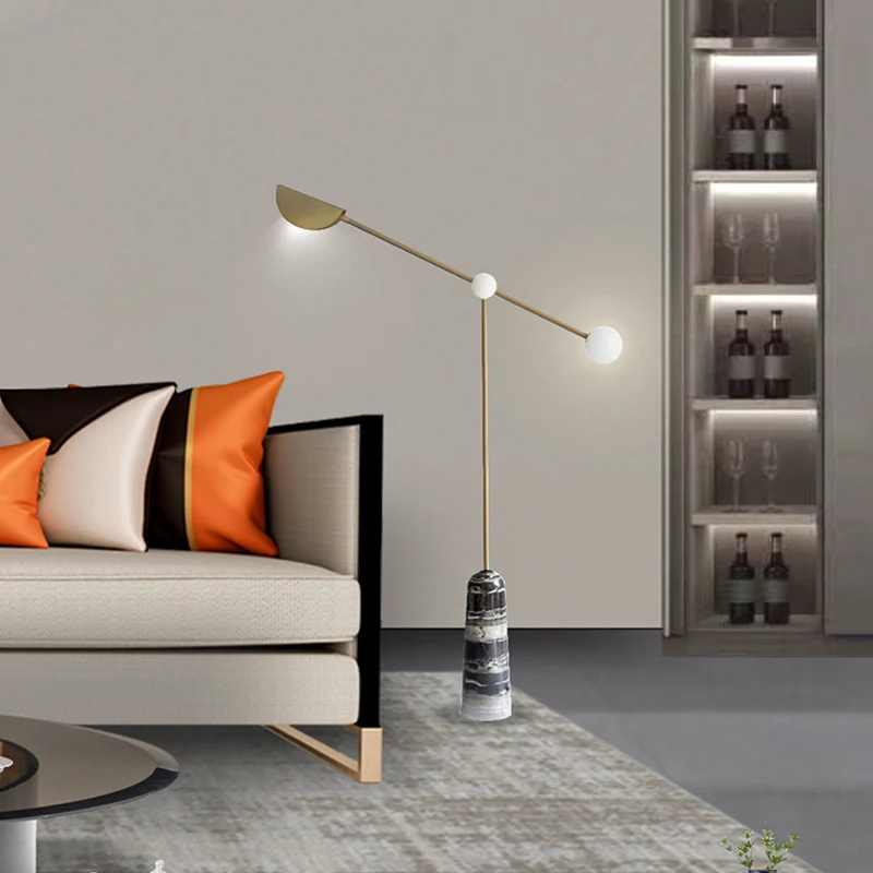 Woonkamervloerlamp met hefboomarm, crèmekleurig glas, 2-lichts designvloerlamp met marmeren voet zwart-goud Clearhalo