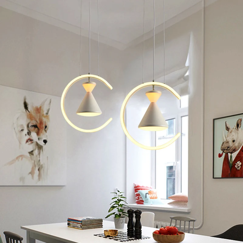 Zandloper en ringhanger met witte afwerking, minimalistische LED-acryl hanglampset boven tafel Clearhalo