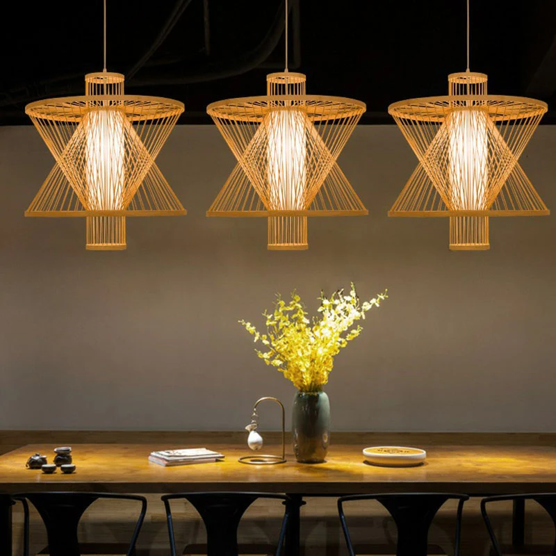 Zandlopervormige neerwaartse verlichting Aziatische bamboe 1-lamps eetkamer hanglamp hout Clearhalo