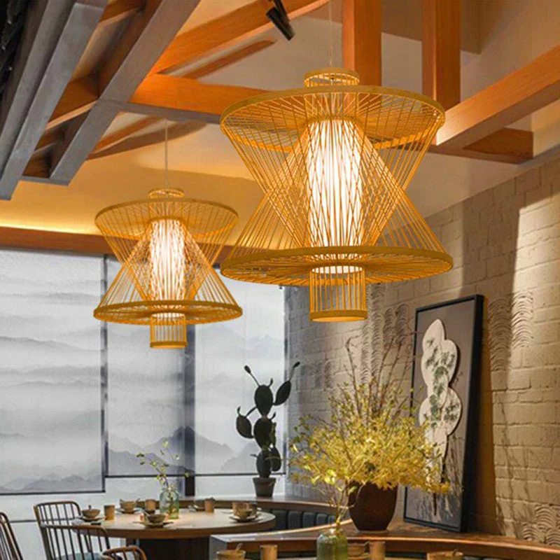 Zandlopervormige neerwaartse verlichting Aziatische bamboe 1-lamps eetkamer hanglamp hout Clearhalo