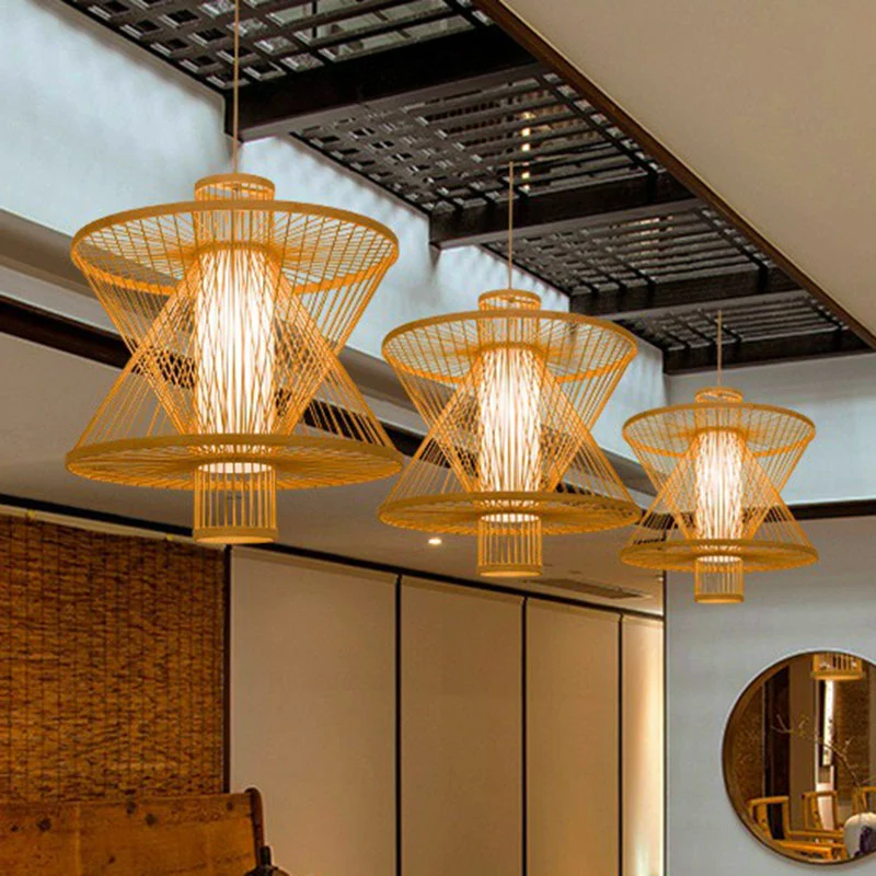 Zandlopervormige neerwaartse verlichting Aziatische bamboe 1-lamps eetkamer hanglamp hout Clearhalo