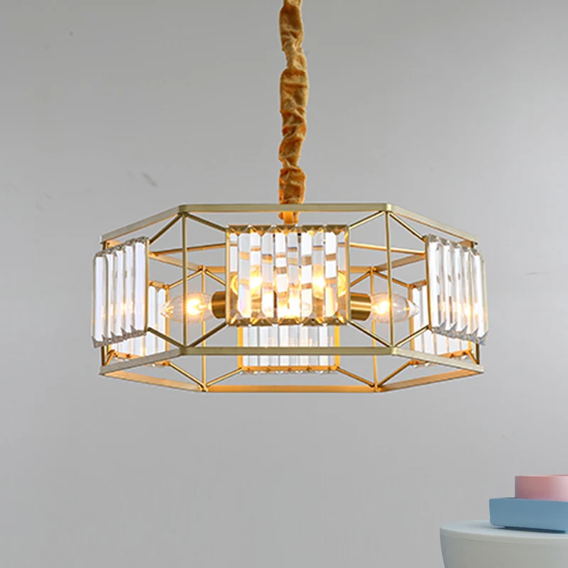 Zeshoekig metalen frame hanglamp Modern kristallen blok 3 koppen gouden hangende plafondlamp Clearhalo