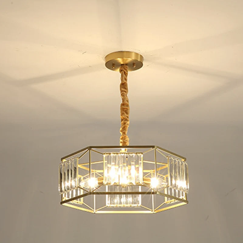 Zeshoekig metalen frame hanglamp Modern kristallen blok 3 koppen gouden hangende plafondlamp Clearhalo