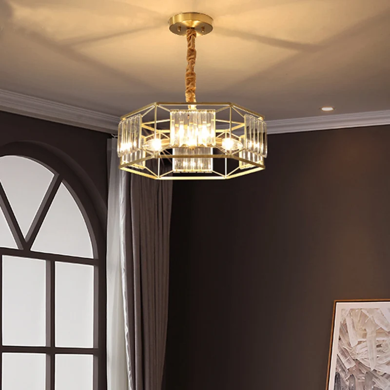 Zeshoekig metalen frame hanglamp Modern kristallen blok 3 koppen gouden hangende plafondlamp Clearhalo