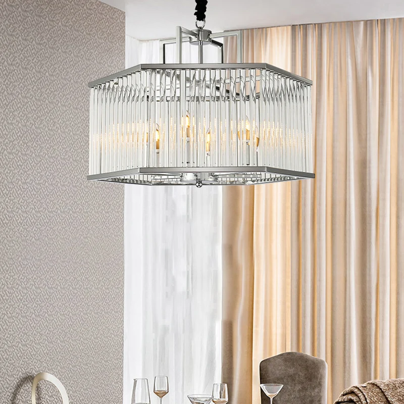 Zeshoekige chroom hangende kroonluchter, moderne metalen multi-lichte hanglamp met kristal voor woonkamer Clearhalo