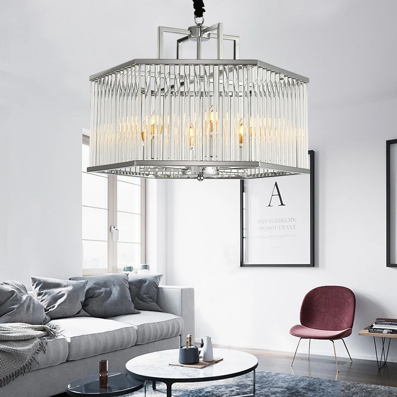Zeshoekige chroom hangende kroonluchter, moderne metalen multi-lichte hanglamp met kristal voor woonkamer Clearhalo