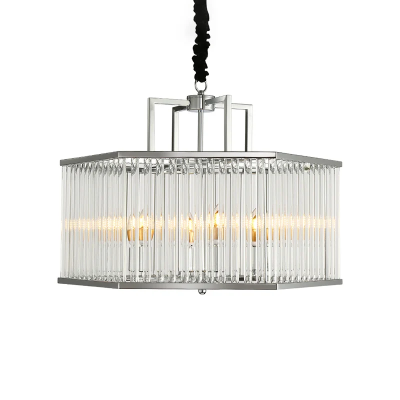Zeshoekige chroom hangende kroonluchter, moderne metalen multi-lichte hanglamp met kristal voor woonkamer Clearhalo