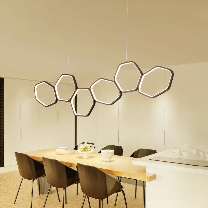 Zeshoekige eilandkroonluchter Eenvoudig acryl 4/5/6 lampen Wit/bruin plafondhanger warm/wit licht Clearhalo