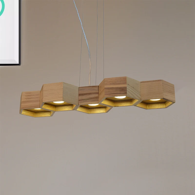 Zeshoekige eilandverlichting Modern houten 5/7-licht houten plafondlamp voor woonkamer Clearhalo