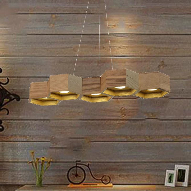 Zeshoekige eilandverlichting Modern houten 5/7-licht houten plafondlamp voor woonkamer Clearhalo