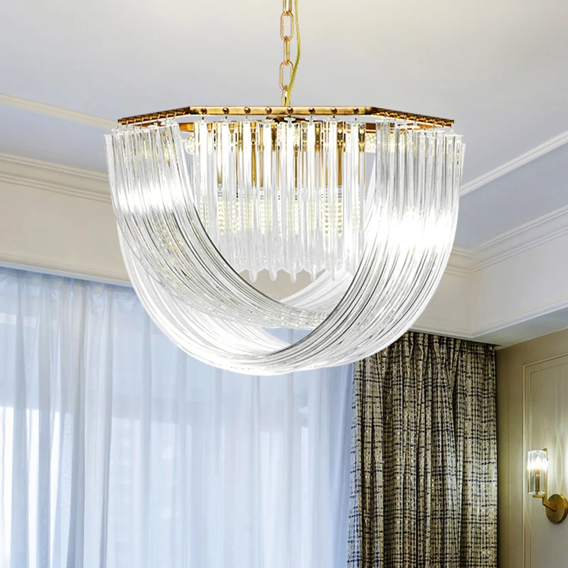 Zeshoekige kroonluchter licht eigentijds strak vormgegeven kristal 4-lichts gouden plafondlamp, 12"/19,5" breed Clearhalo