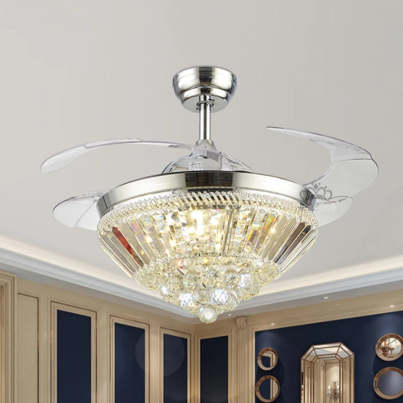 Zilver kegelvormige plafondventilator lichtset modern kristal 3 bladen slaapkamer LED semi-flush, 42,5" breed Clearhalo
