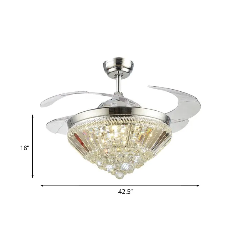 Zilver kegelvormige plafondventilator lichtset modern kristal 3 bladen slaapkamer LED semi-flush, 42,5" breed Clearhalo