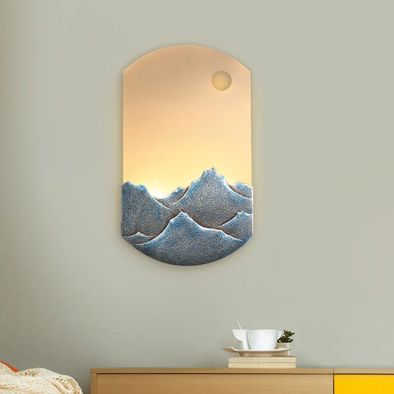 Zilver/bruin ovale muurschildering licht Chinese stijl LED acryl wandmontage verlichting met bergpatroon voor slaapkamer C...