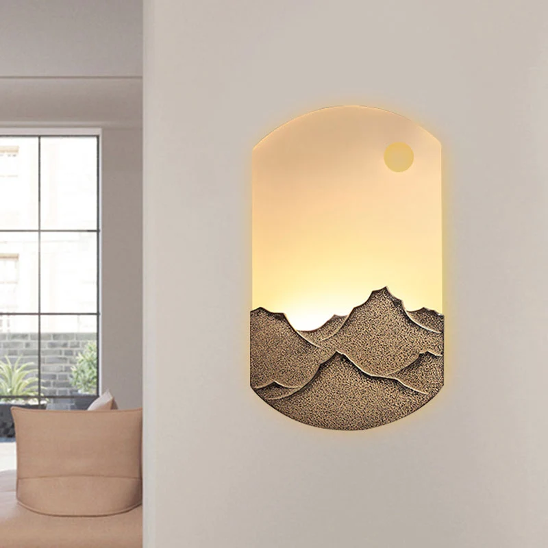 Zilver/bruin ovale muurschildering licht Chinese stijl LED acryl wandmontage verlichting met bergpatroon voor slaapkamer C...