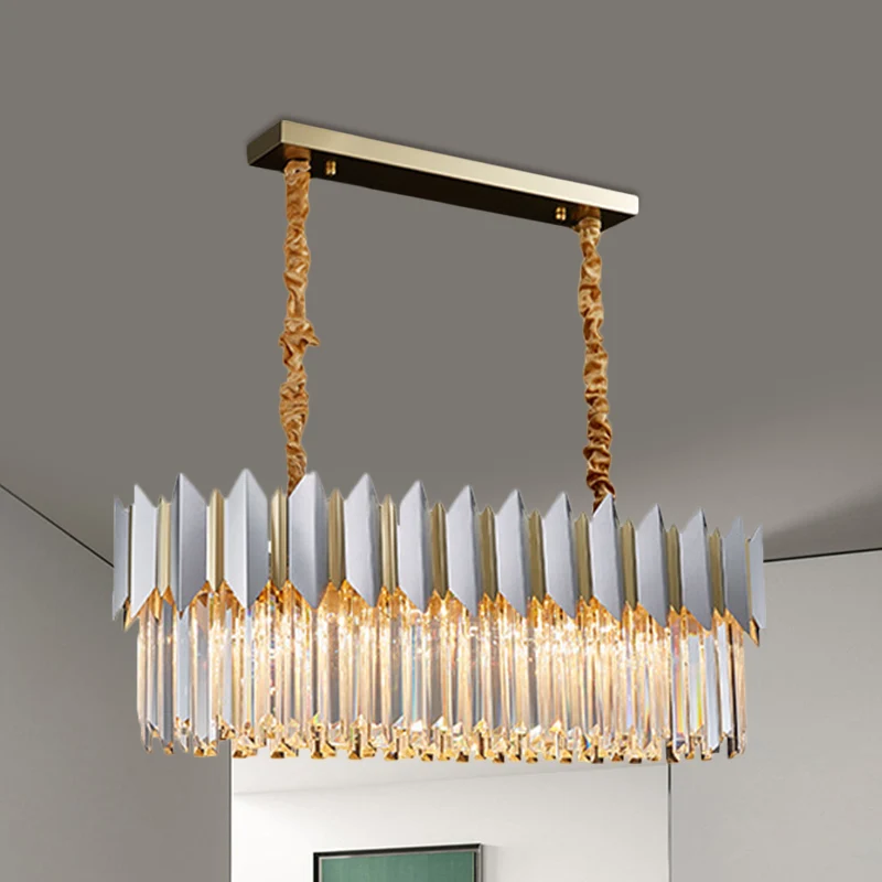 Zilveren afwerking 10 lampen eilandlicht hedendaagse kristallen prisma's ovale rechthoek hanglamp Clearhalo
