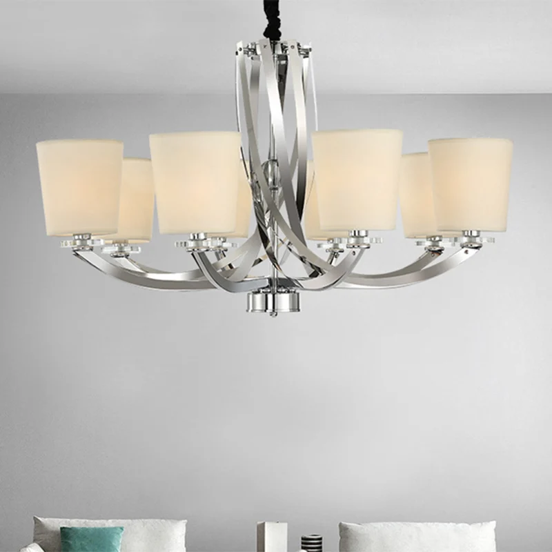 Zilveren cilinderkroonluchter, eenvoudig 6-lichts ijzeren hanglamp met stoffen kap Clearhalo
