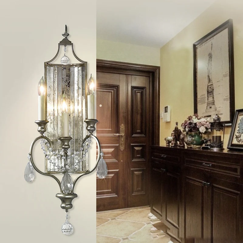 Zilveren kandelaar schanslamp landelijk metaal 3-lichts slaapkamer wandmontage verlichting met kristallen druppel Clearhalo