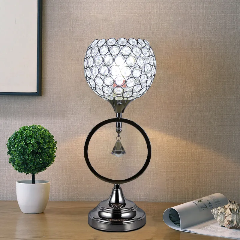 Zilveren koepel uitgeholde tafellamp Modern kristal 1-lichts nachtkastje met ringbasis Clearhalo