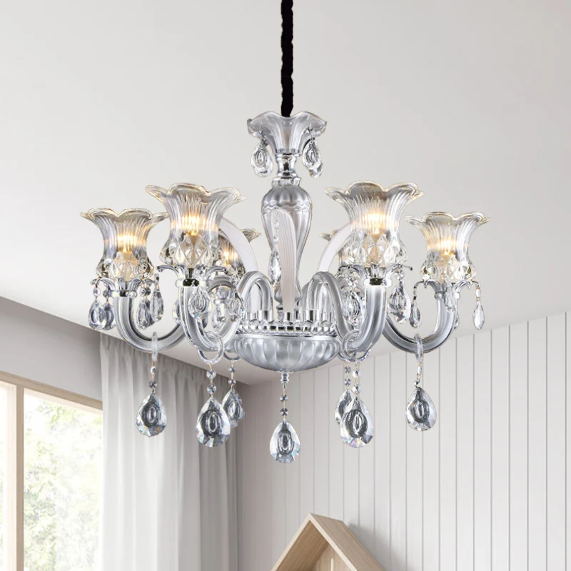 Zilveren kroonluchter met 6/8 lampen, traditionele, helder geribbelde glazen bloemhanglamp met kristallen druppel Clearhalo