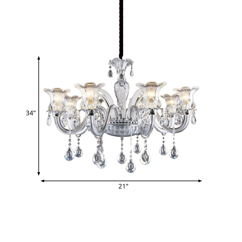 Zilveren kroonluchter met 6/8 lampen, traditionele, helder geribbelde glazen bloemhanglamp met kristallen druppel Clearhalo