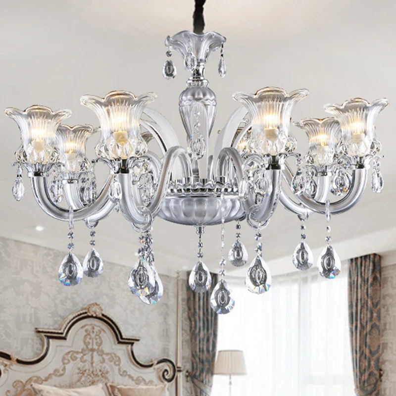 Zilveren kroonluchter met 6/8 lampen, traditionele, helder geribbelde glazen bloemhanglamp met kristallen druppel Clearhalo