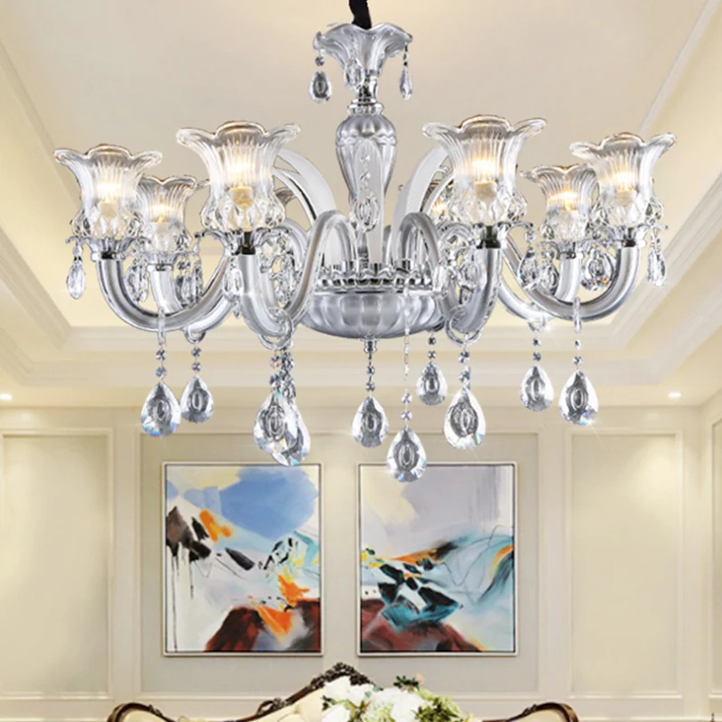 Zilveren kroonluchter met 6/8 lampen, traditionele, helder geribbelde glazen bloemhanglamp met kristallen druppel Clearhalo