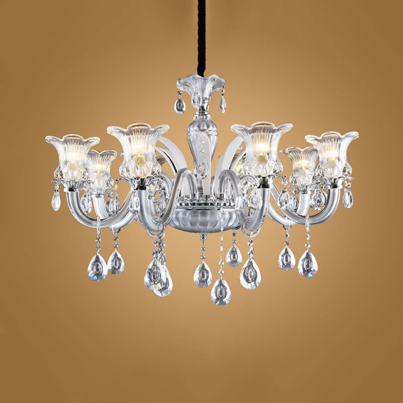 Zilveren kroonluchter met 6/8 lampen, traditionele, helder geribbelde glazen bloemhanglamp met kristallen druppel Clearhalo
