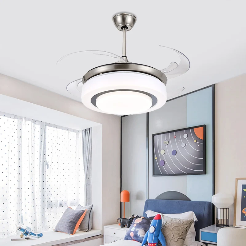 48" W zilveren LED semi-inbouw plafondlamp modernistische metalen cirkel 4 bladen hangende ventilatorlamp met acryl kap Cl...