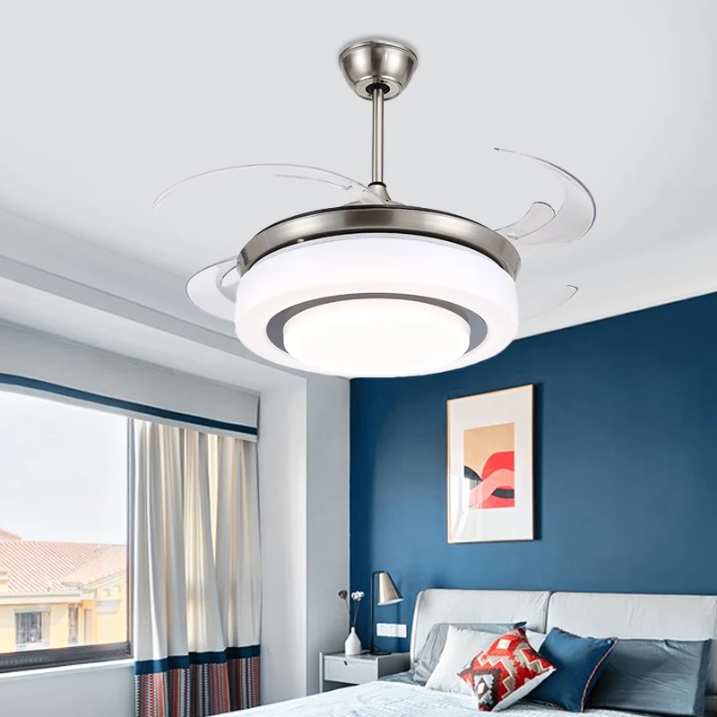 48" W zilveren LED semi-inbouw plafondlamp modernistische metalen cirkel 4 bladen hangende ventilatorlamp met acryl kap Cl...