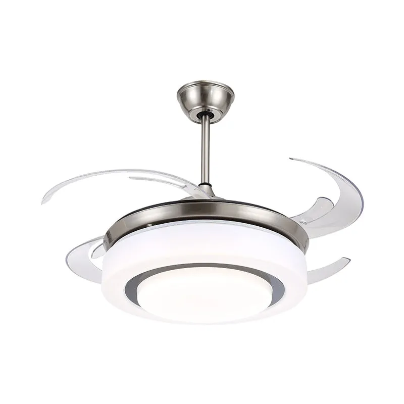 48" W zilveren LED semi-inbouw plafondlamp modernistische metalen cirkel 4 bladen hangende ventilatorlamp met acryl kap Cl...