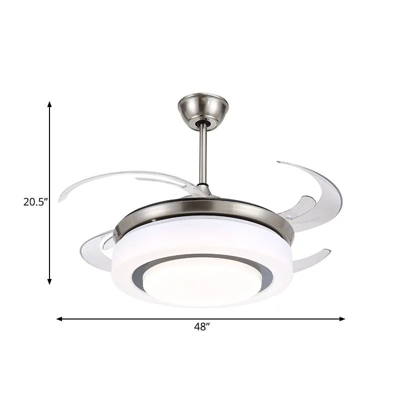 48" W zilveren LED semi-inbouw plafondlamp modernistische metalen cirkel 4 bladen hangende ventilatorlamp met acryl kap Cl...