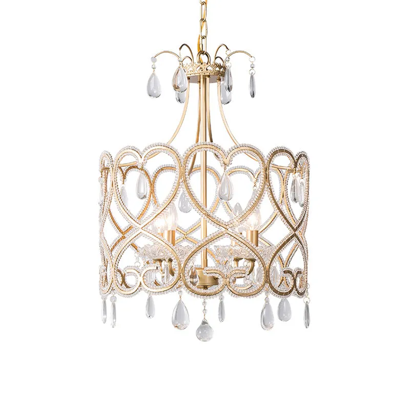Zilverkleurige 4-lichts kroonluchter antieke kristallen trommel-hanglamp met kralen en wervelpatroon Clearhalo