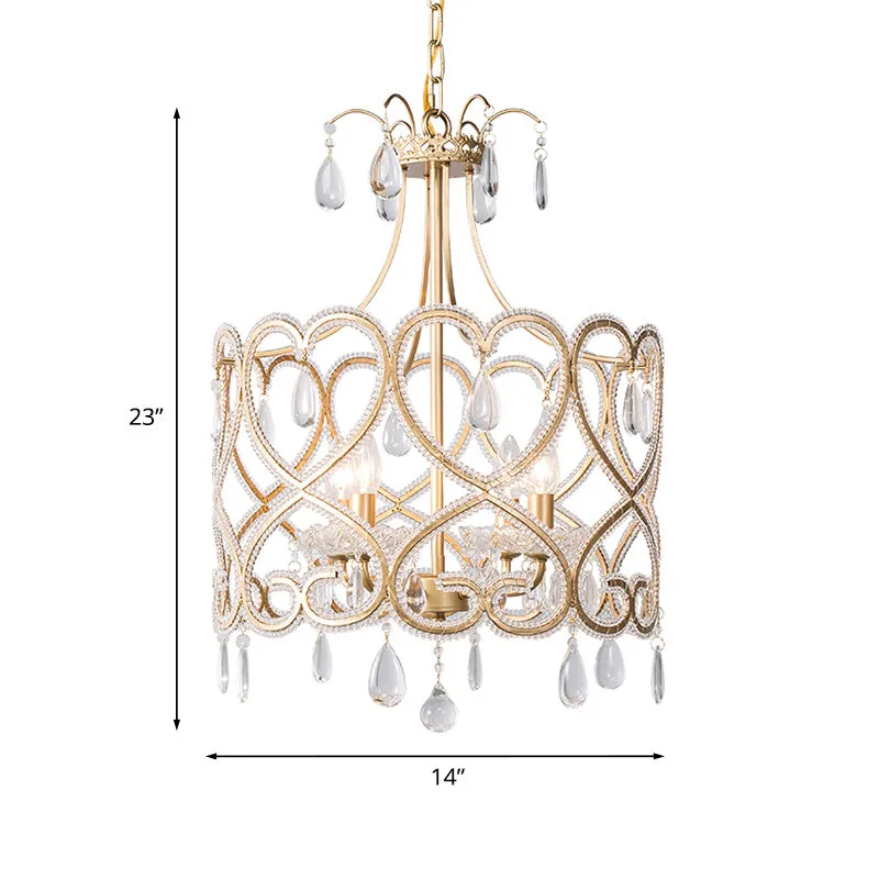 Zilverkleurige 4-lichts kroonluchter antieke kristallen trommel-hanglamp met kralen en wervelpatroon Clearhalo