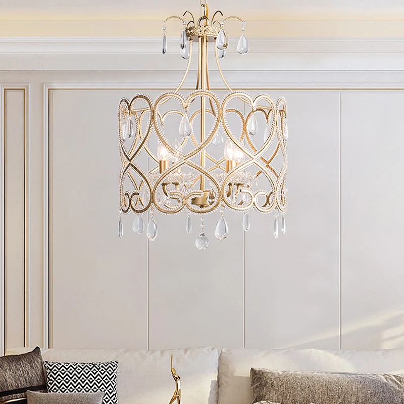 Zilverkleurige 4-lichts kroonluchter antieke kristallen trommel-hanglamp met kralen en wervelpatroon Clearhalo