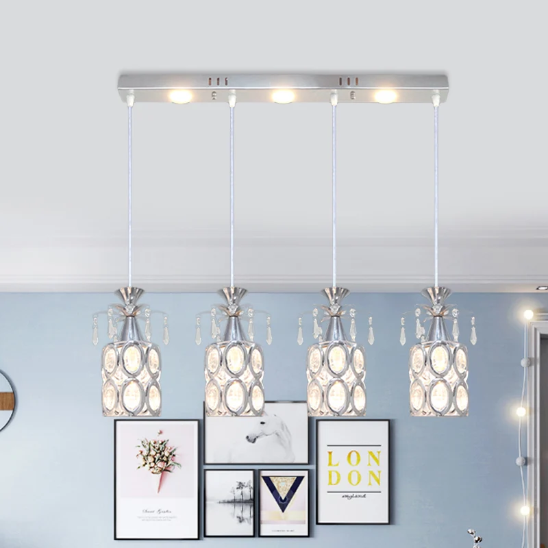 Zilverkleurige cilindrische clusterlichthanger Modernisme 4 lampen Kristallen blokhanglamp Clearhalo