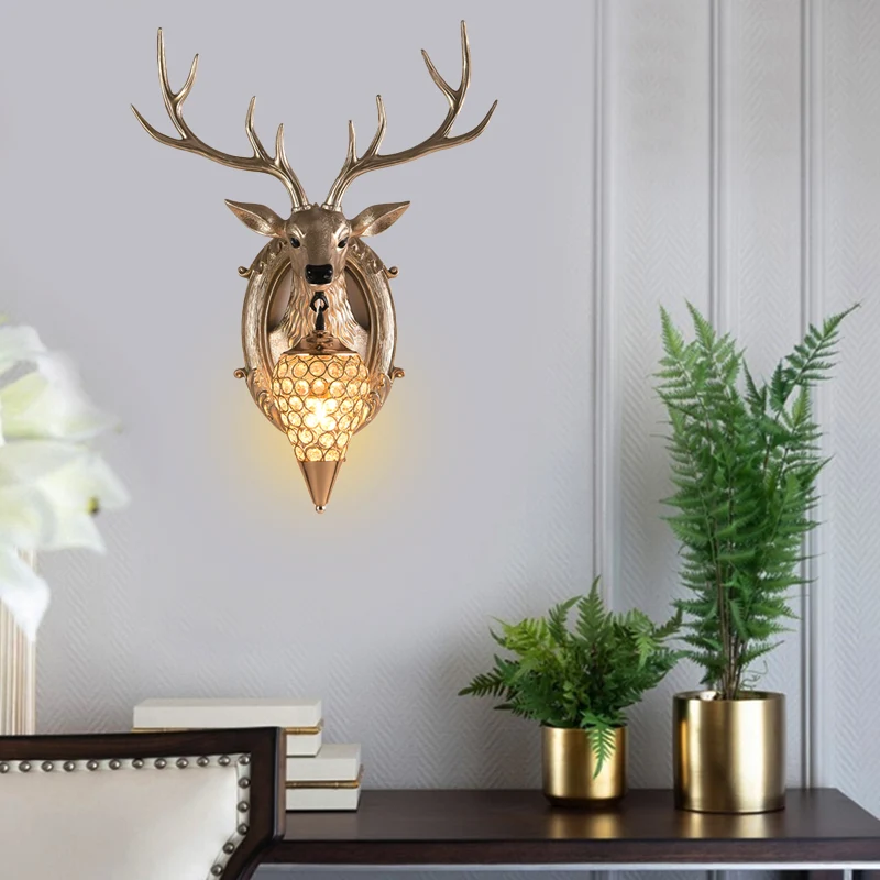 Zilver/wit/hout herten wandverlichting vintage hars 1 licht woonkamer schanslamp met druppel kristallen kap Clearhalo