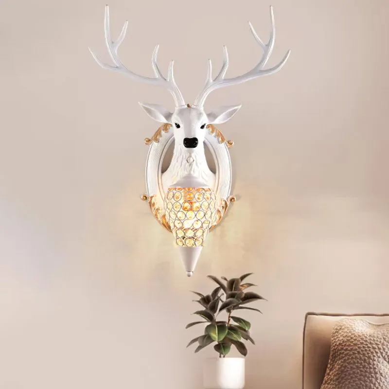 Zilver/wit/hout herten wandverlichting vintage hars 1 licht woonkamer schanslamp met druppel kristallen kap Clearhalo