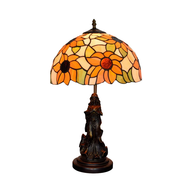 Zonnebloem-oranje glazen tafellamp Victoriaanse stijl 1-kops bronzen nachtkastjelamp met harsmeisjesbasis Clearhalo