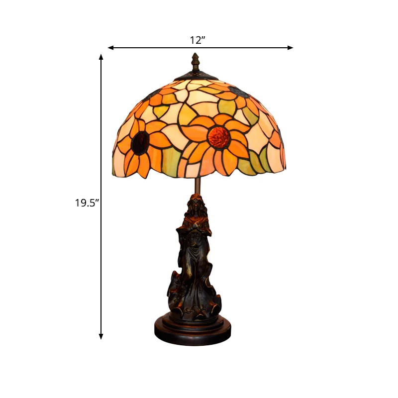 Zonnebloem-oranje glazen tafellamp Victoriaanse stijl 1-kops bronzen nachtkastjelamp met harsmeisjesbasis Clearhalo