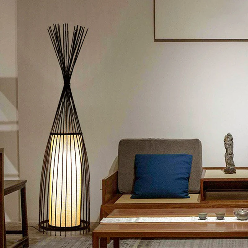 Zuidoost-Azië conische stand-up lamp bamboe enkele woonkamer vloerverlichting met cilinderdiffusor Clearhalo