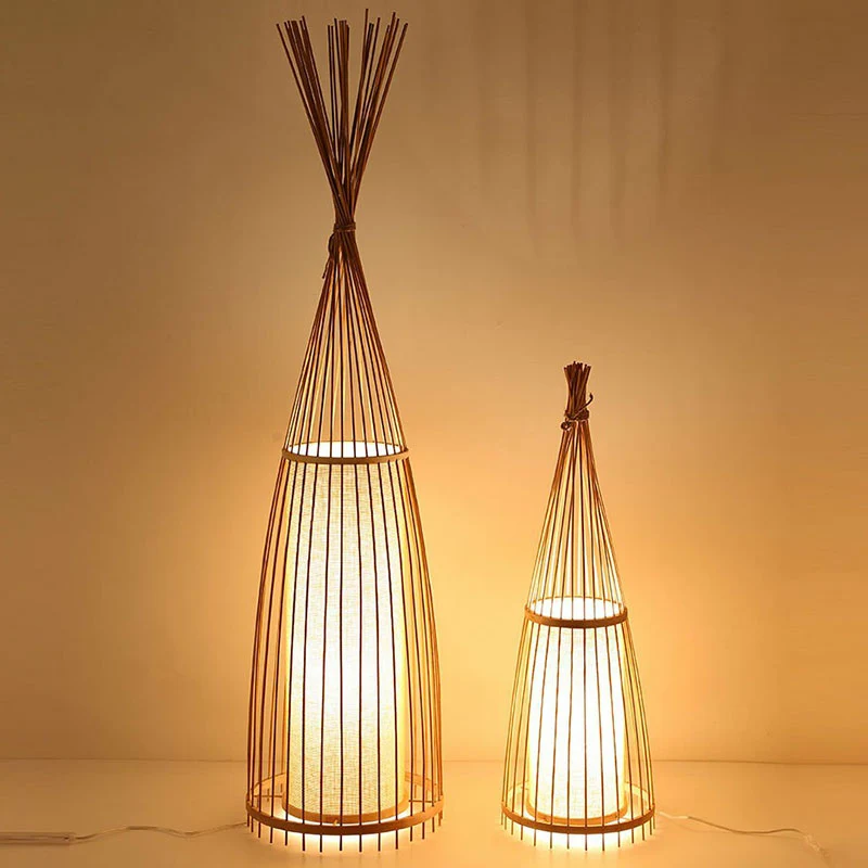 Zuidoost-Azië conische stand-up lamp bamboe enkele woonkamer vloerverlichting met cilinderdiffusor Clearhalo