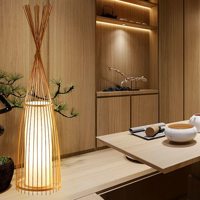 Zuidoost-Azië conische stand-up lamp bamboe enkele woonkamer vloerverlichting met cilinderdiffusor Clearhalo