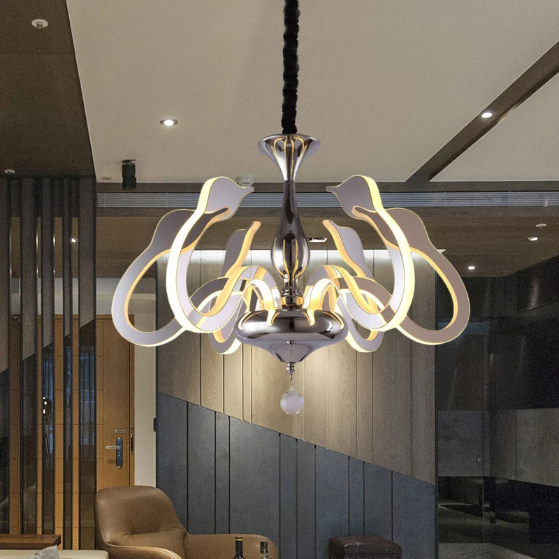 Zwanenkop acryl kroonluchter modernisme 6 lampen chroom hanglamp wit/warm/natuurlijk licht met kristallen druppel Clearhalo
