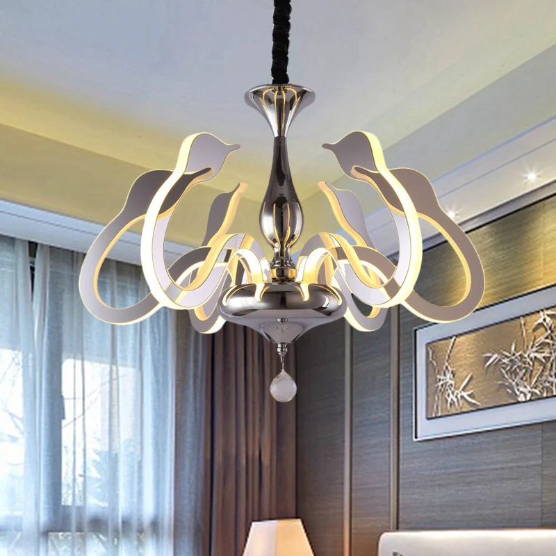 Zwanenkop acryl kroonluchter modernisme 6 lampen chroom hanglamp wit/warm/natuurlijk licht met kristallen druppel Clearhalo