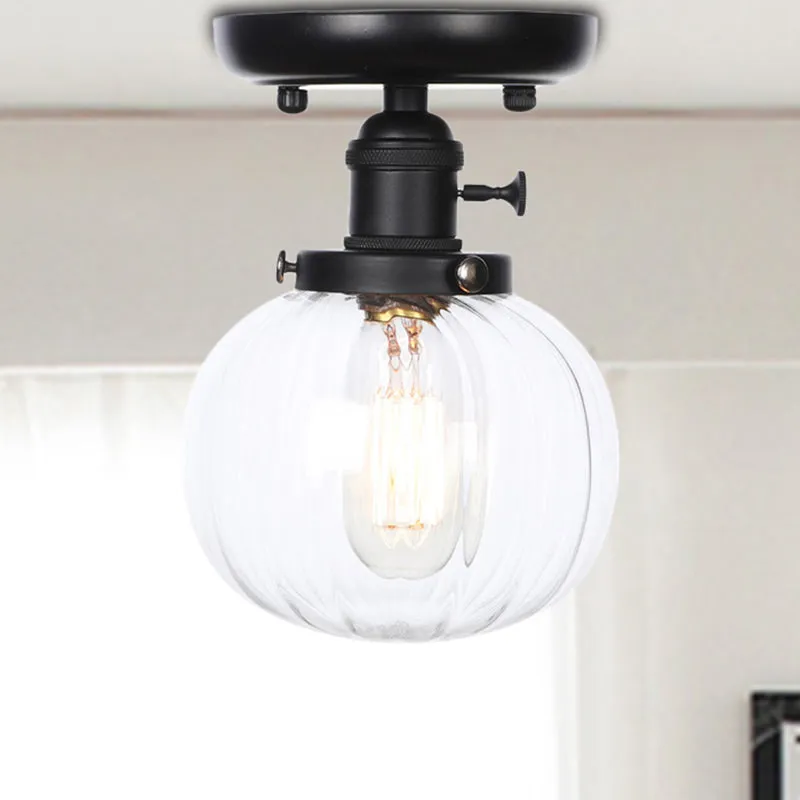 Zwart 1-lichts plafondmontage helder/amber glas industriële ronde/bol semi-inbouwlamp voor keuken Clearhalo